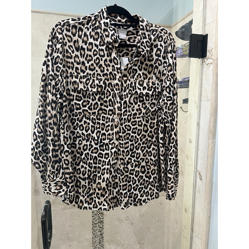 New Nwt CHICO’S 2 Animal Leopard Print Long Sleeve Button Down Blouse Size L